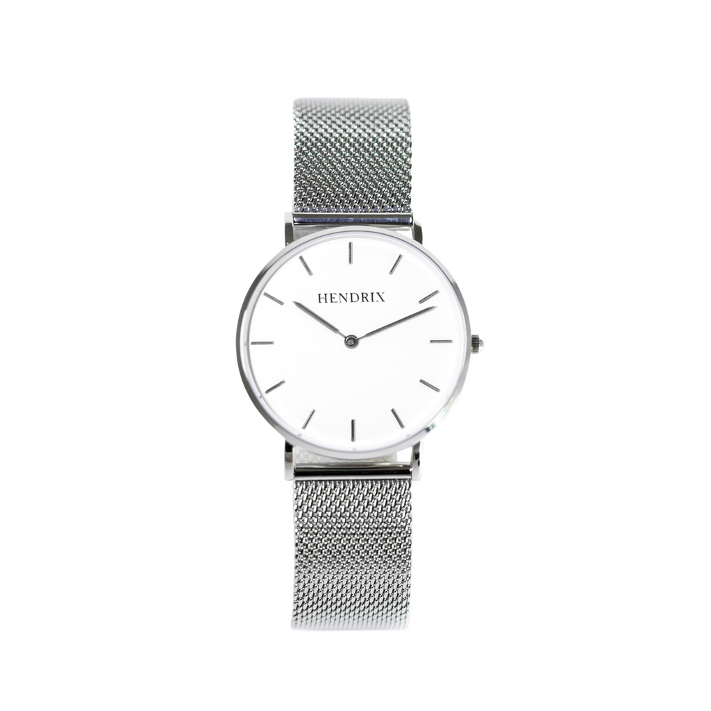 Hendrix white on silver minimal unisex mesh newport watch