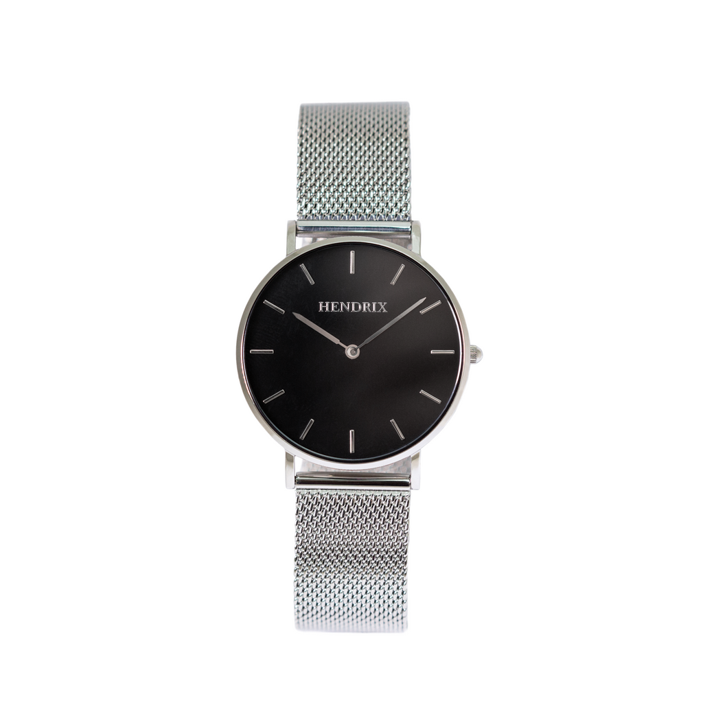 Hendrix black on silver minimal unisex mesh newport watch