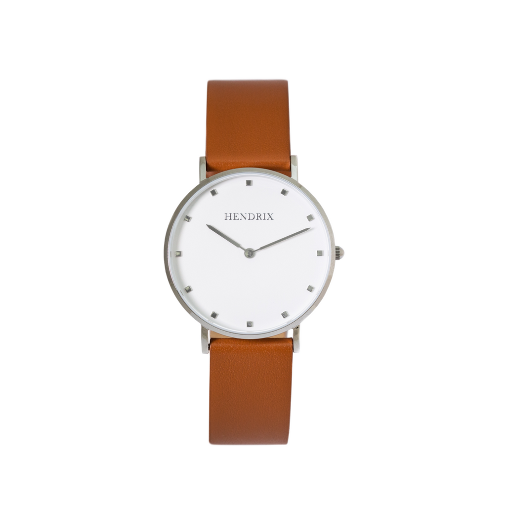 Hendrix white on brown minimal unisex leather signature watch